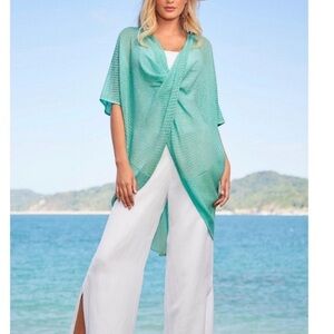 Boston Proper small medium Aqua Drape Twist Mesh Open Knit Crochet Layer Top